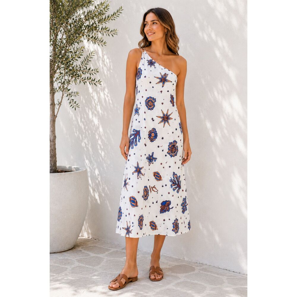 C&C California One Shoulder Linen Blend Coastal Shift Dress White S